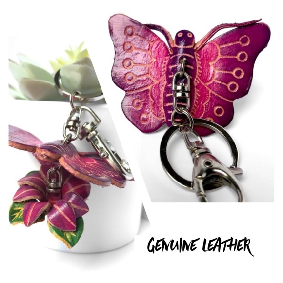 ValMarie Accessories - NEW HANDMADE GENUINE LEATHER FLYING BUTTERFLY FLOWER KEYCHAIN